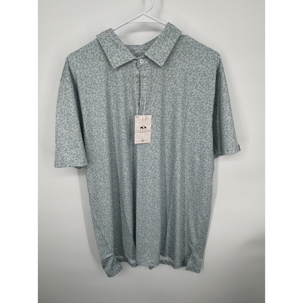 NWT Fish Hippie Co Polo Shirt Men's Large Light Green Subtle All-Over Print